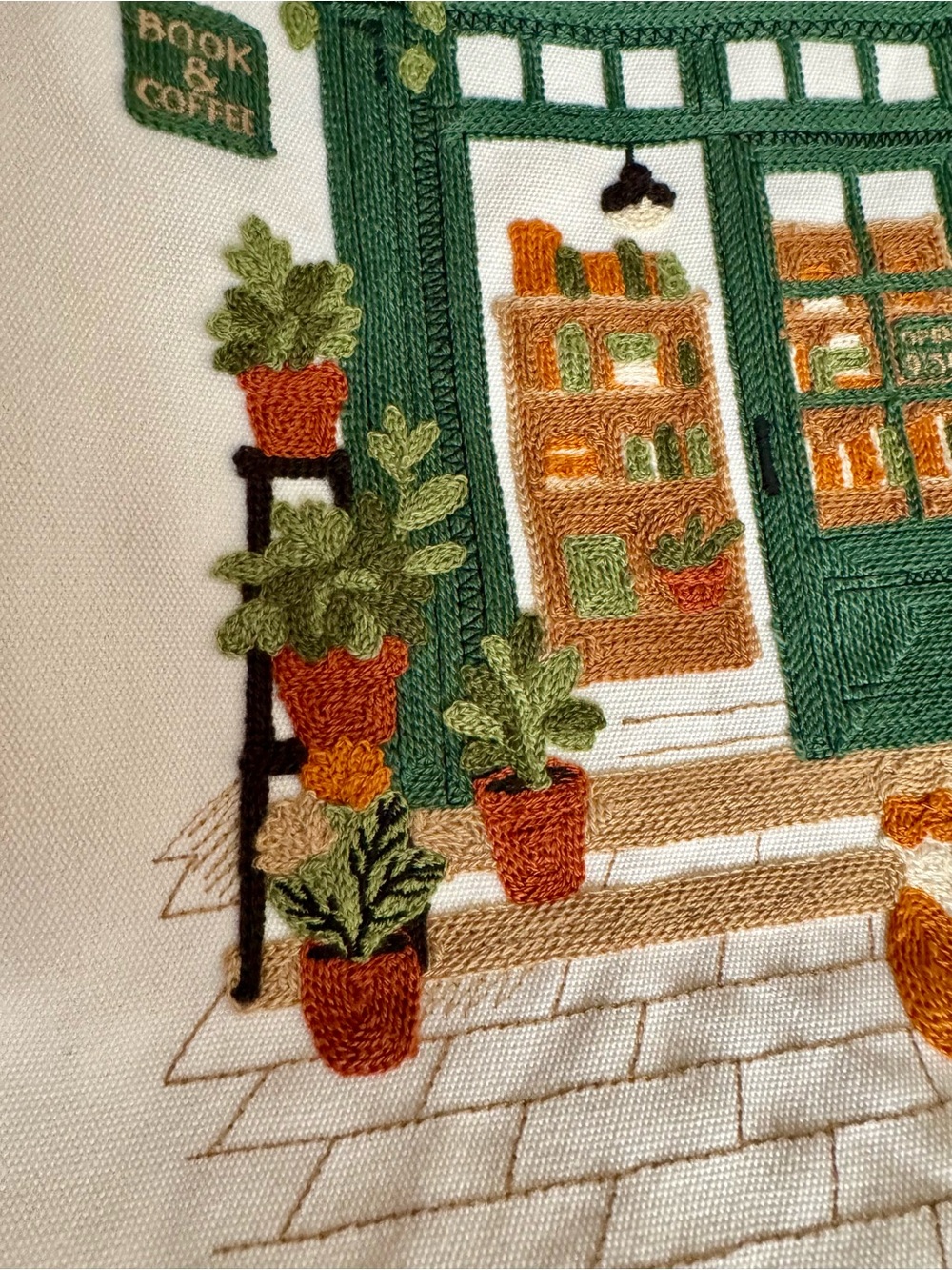 BOOK STORE & COFFEE SHOP Canvas Tote Book Bag Cats Plants Embroidered NWT - Picture 7 of 14